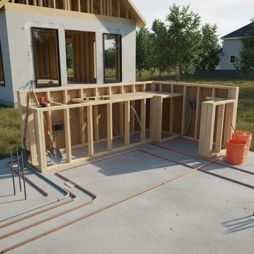 construction stage showing gas and electrical setup for outdoor kitchen