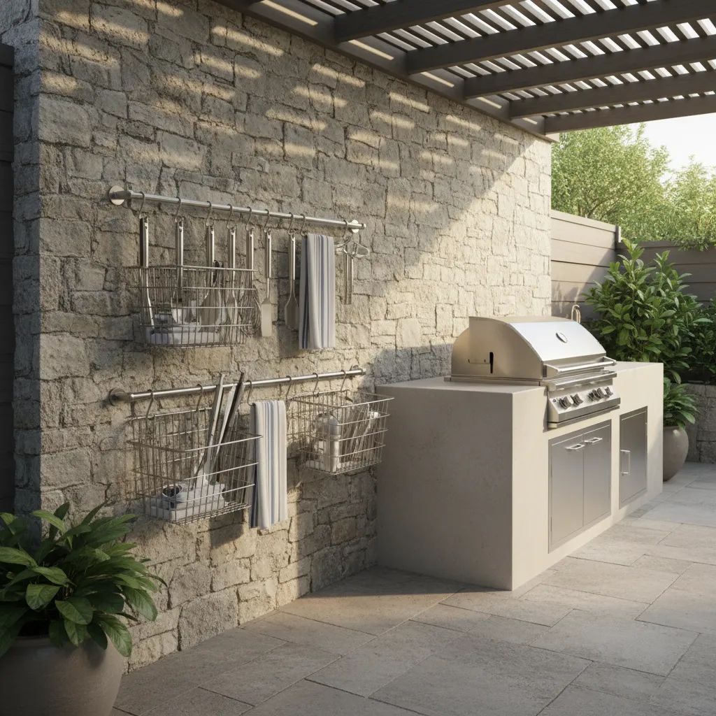 Outdoor kitchen wall rail system holding utensils and baskets