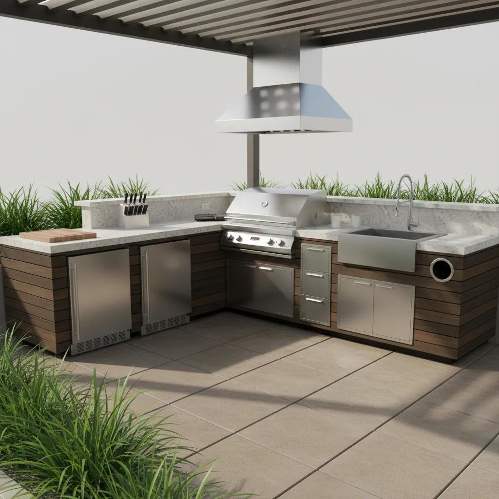 Outdoor kitchen workflow showing grill prep and sink triangle