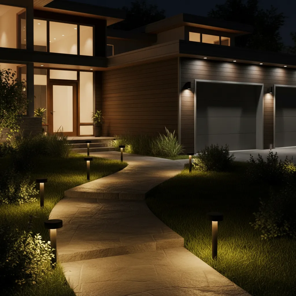 Outdoor home lighting combining landscape lights with motion sensor security lights