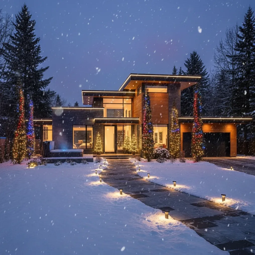 Outdoor house decorated with LED Christmas lights along roof and trees
