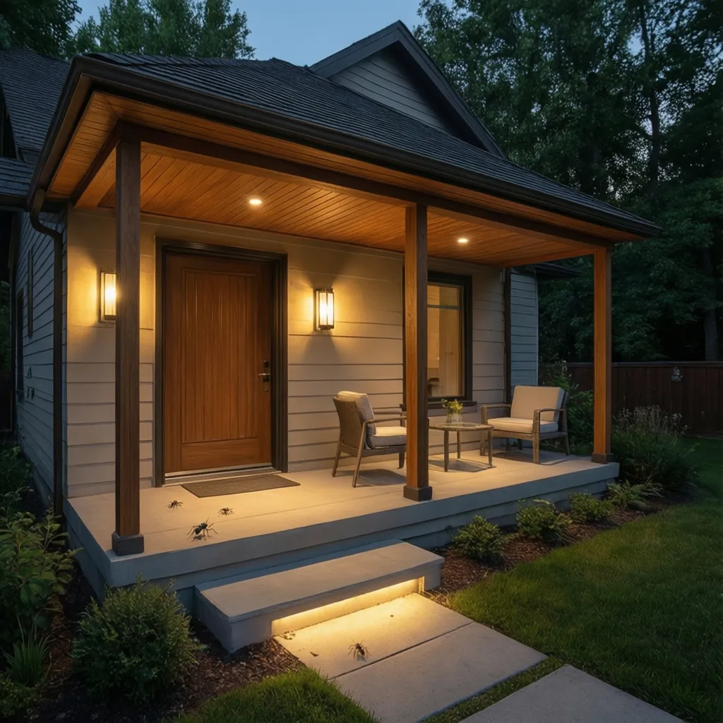 Outdoor lighting placement around porch showing proper fixture positioning