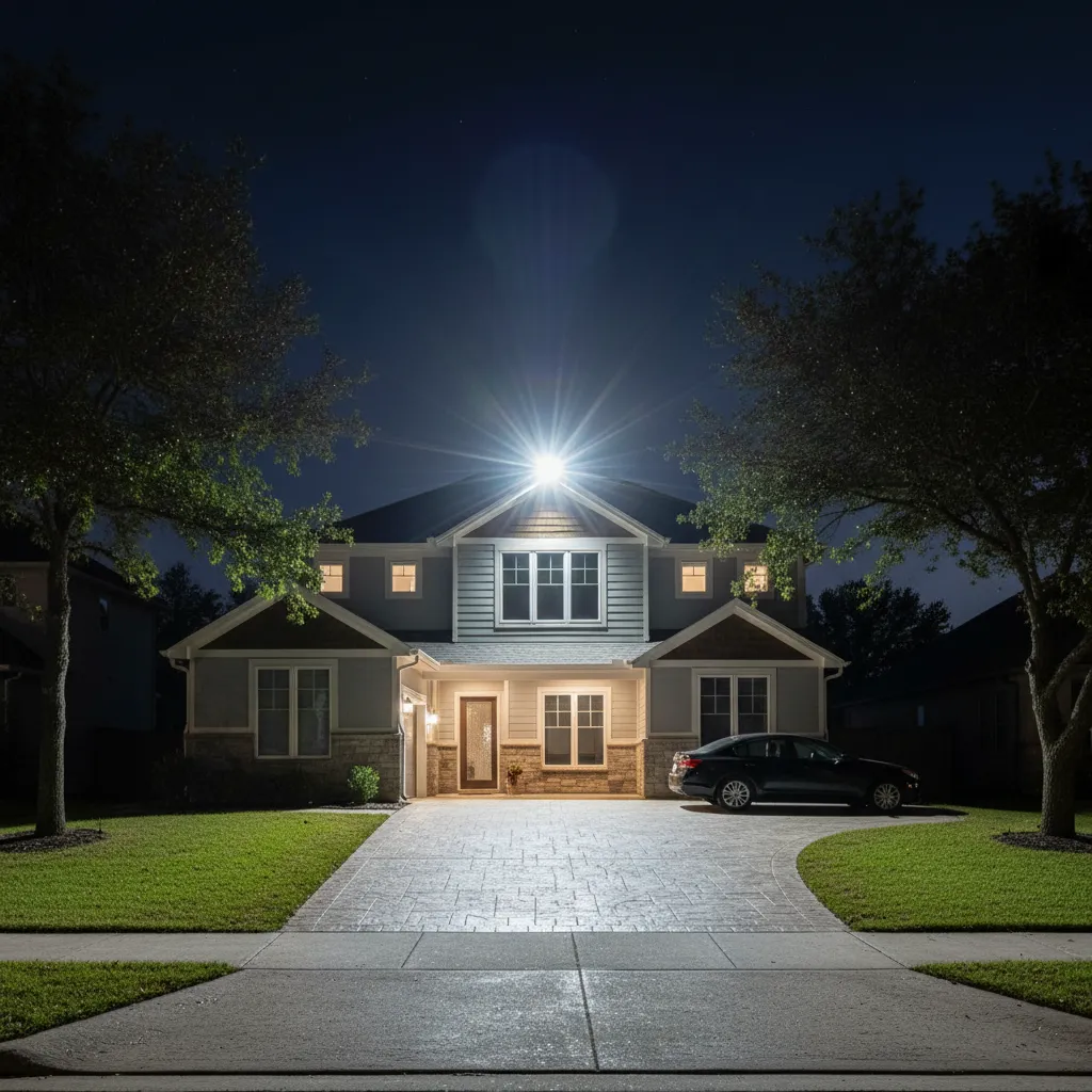 Outdoor house lighting showing unshielded floodlight creating glare and skyglow