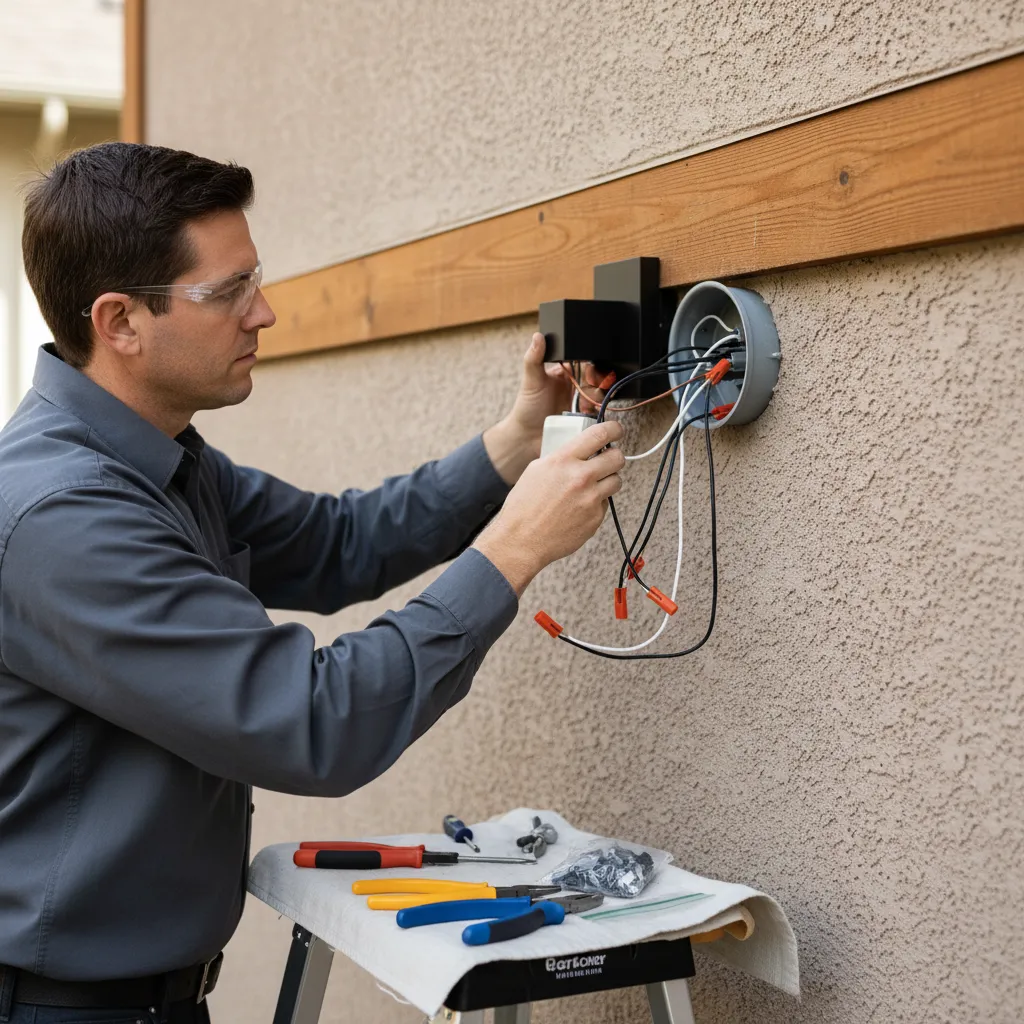 Electrician wiring outdoor dusk to dawn light fixture in wall junction box