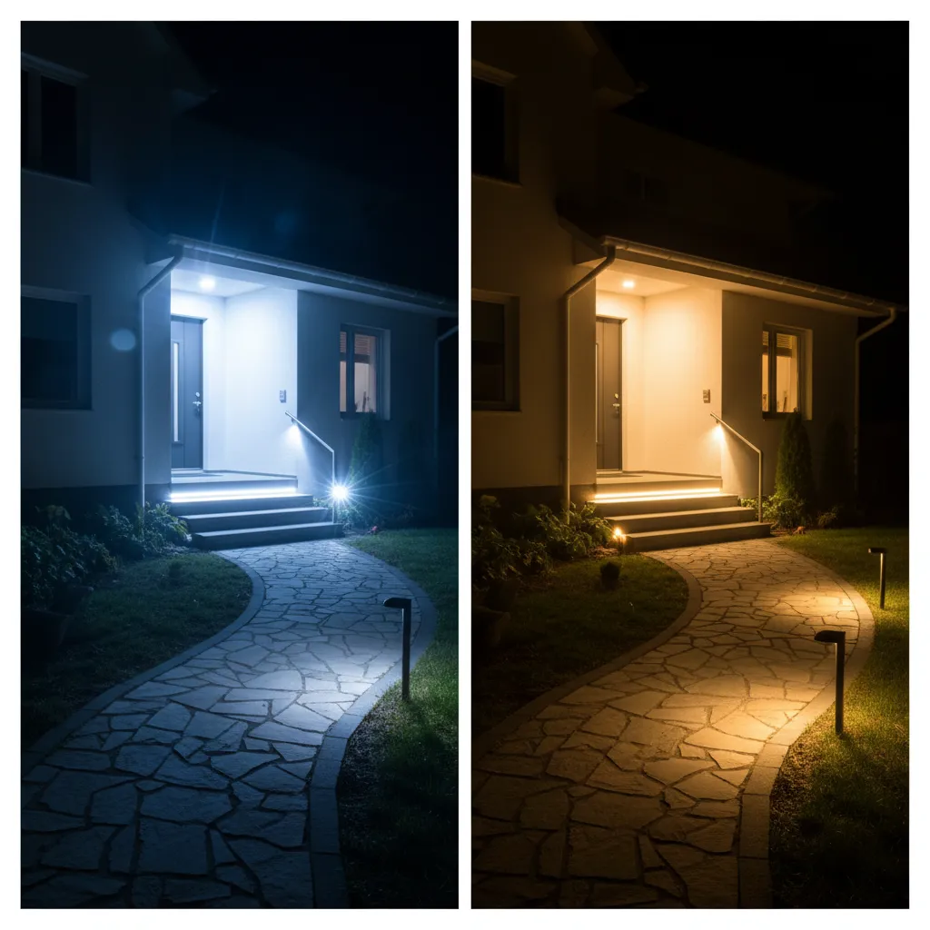 Comparison of high brightness cool LED lighting versus warm low brightness outdoor lighting