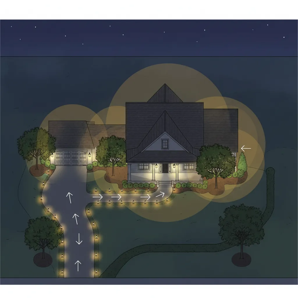 Residential outdoor lighting layout illustrating beam direction and fixture placement
