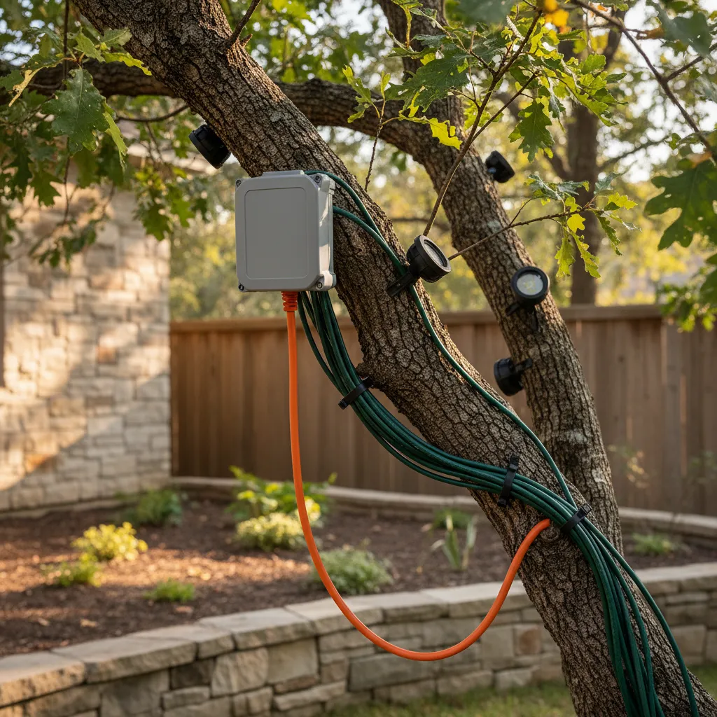 Example of drip loop setup for outdoor tree light extension cords