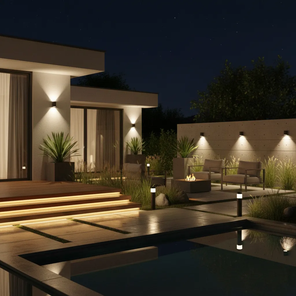 Residential outdoor lighting setup showing LED landscape lights and motion sensor fixtures