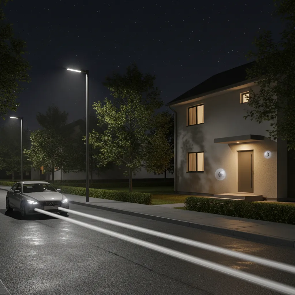 Outdoor dusk to dawn light affected by nearby streetlight and reflections