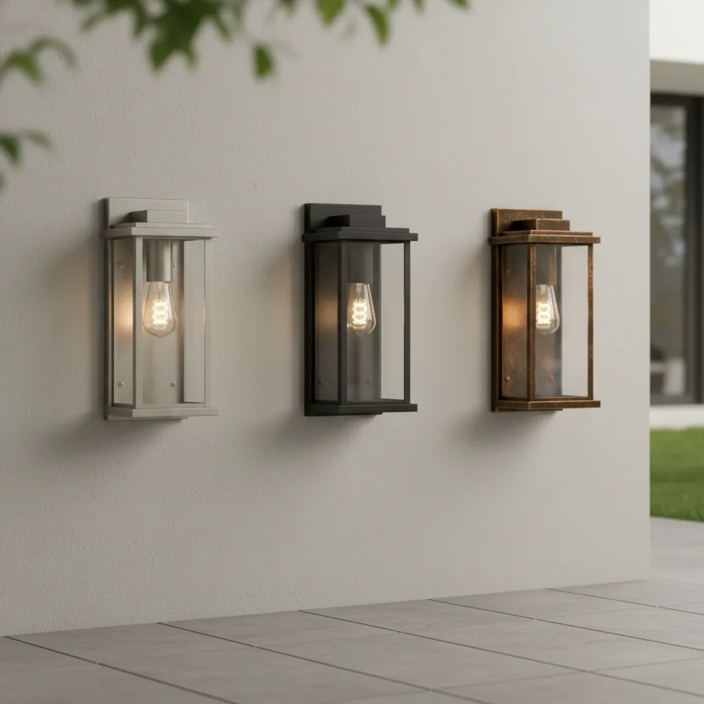 side by side comparison of brushed nickel black and bronze outdoor wall light finishes