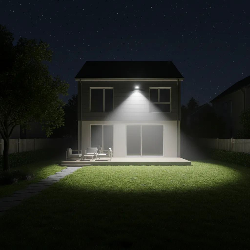 Backyard lighting with overly bright LED floodlight causing glare