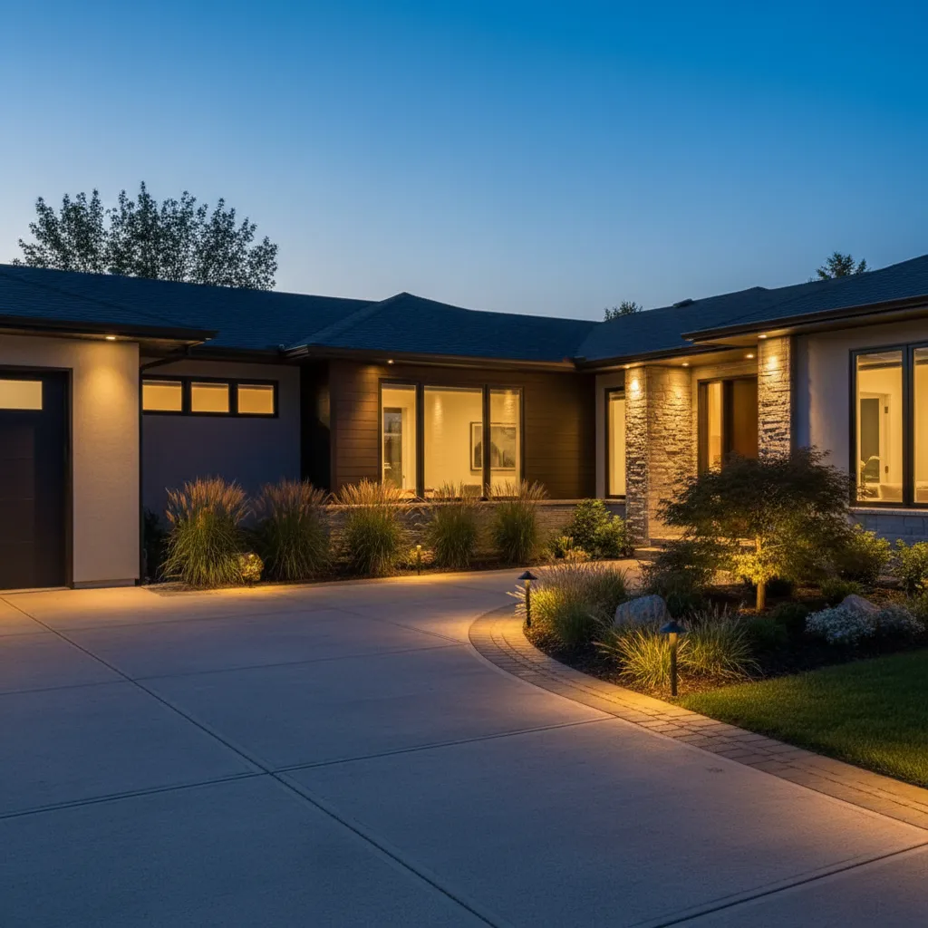 Driveway and pathway outdoor lighting layout with automatic dusk activation