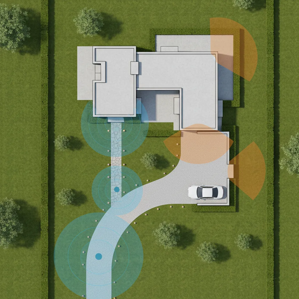 Outdoor lighting layout diagram showing driveway, pathways and motion sensor coverage zones