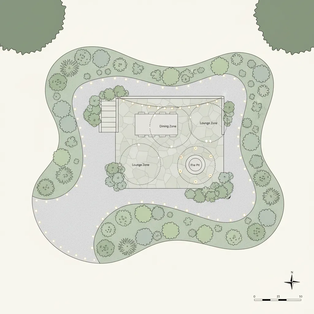 Simple outdoor lighting layout plan showing pathway lights and patio lighting zones