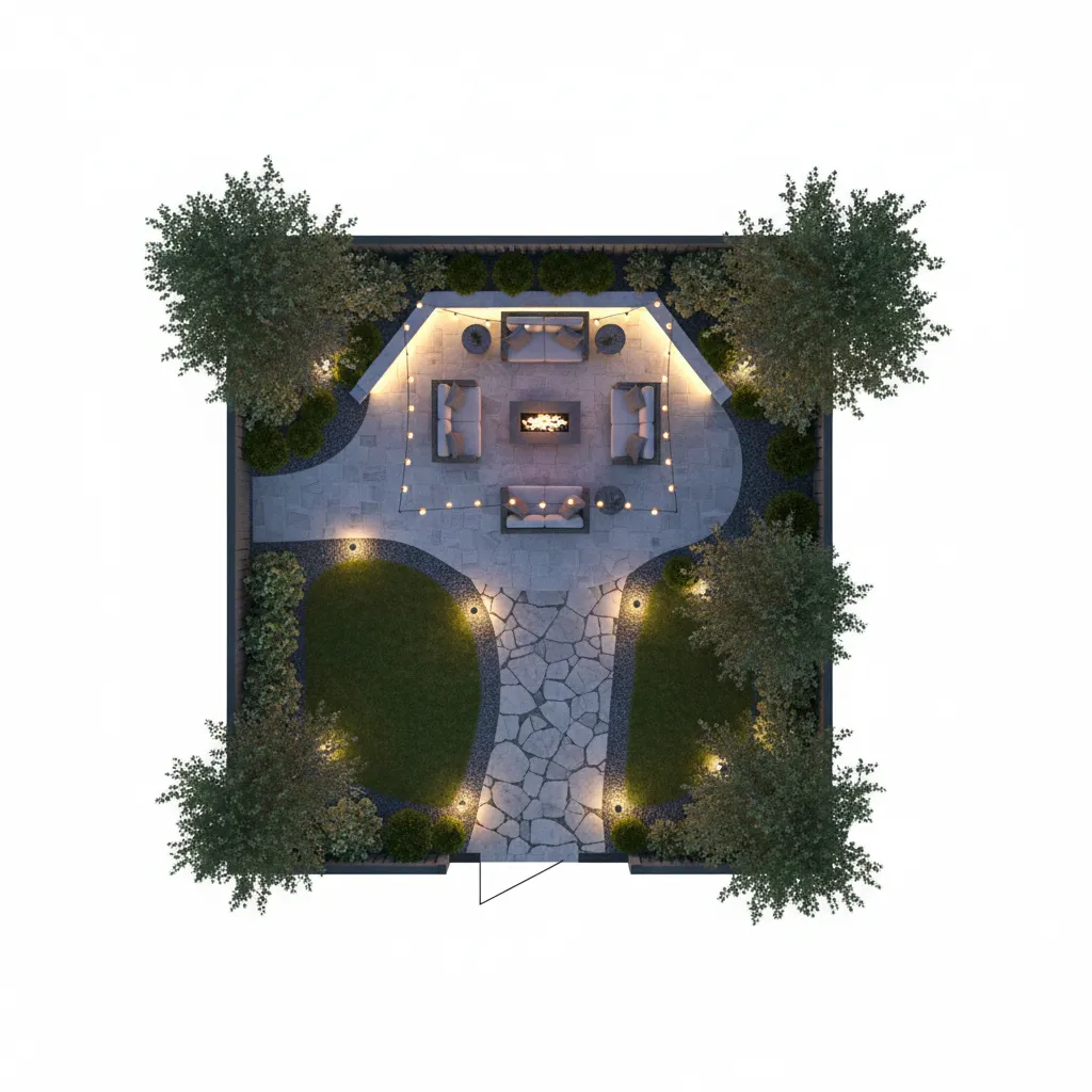 Backyard lighting zones showing patio ambient lighting pathway lights and accent garden lights