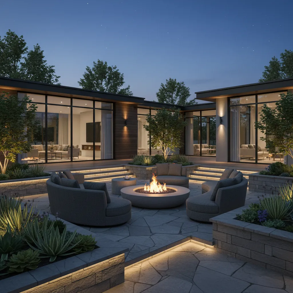 backyard outdoor living area with seating fire pit and integrated landscape design
