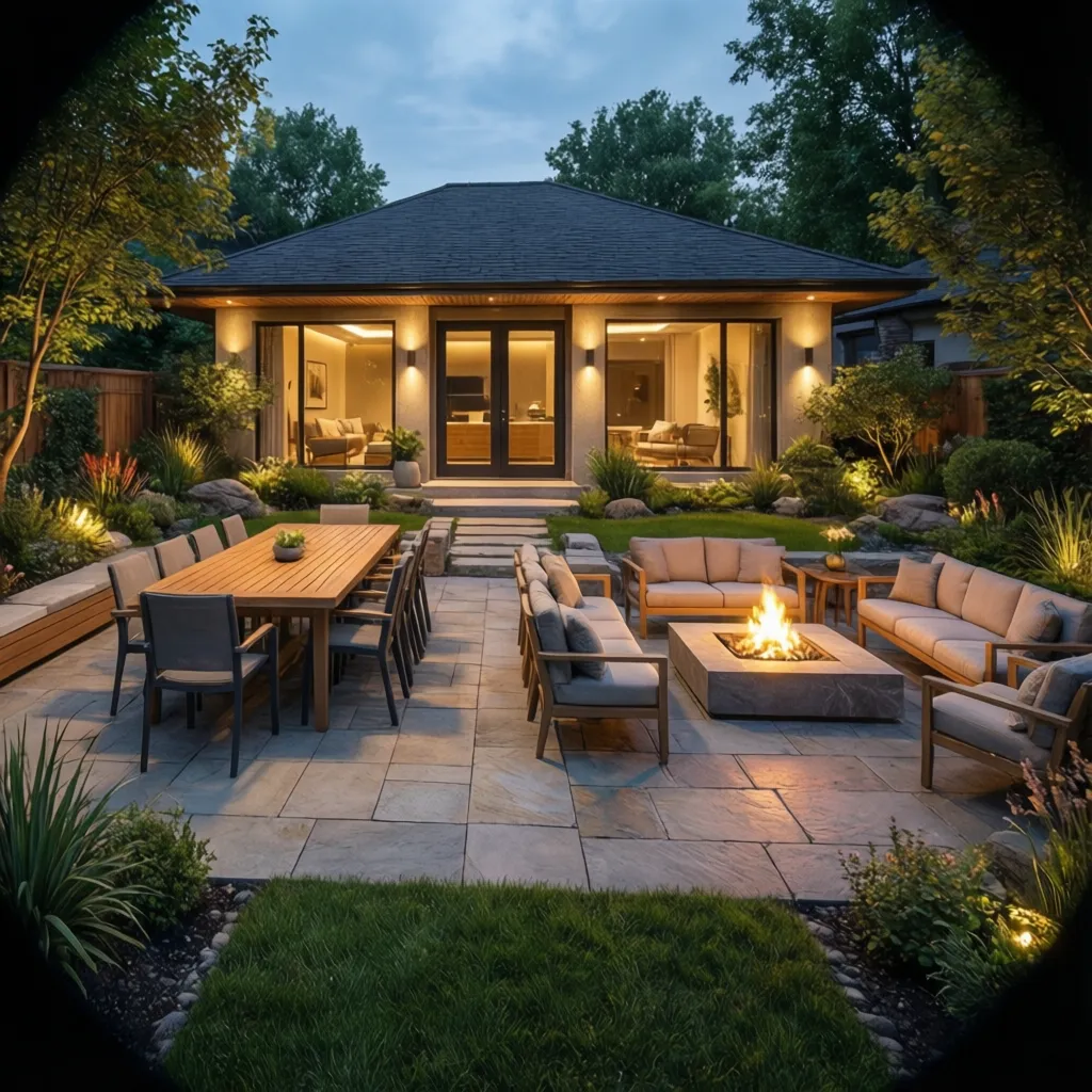 backyard patio divided into dining lounge and fire pit zones