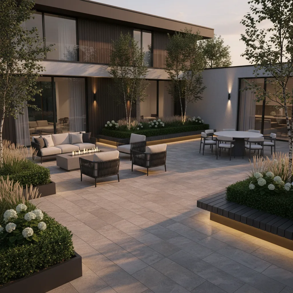 Functional outdoor living space with patio seating and landscape design