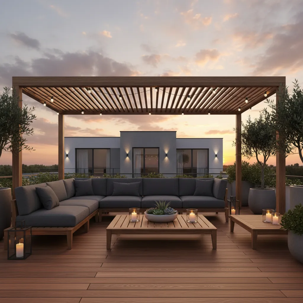 outdoor lounge terrace with sectional sofa and coffee table entertainment space