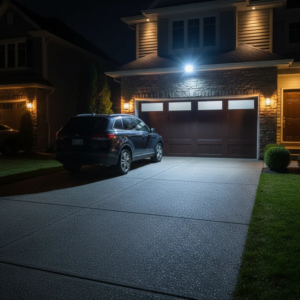 Driveway security light activated by motion at night