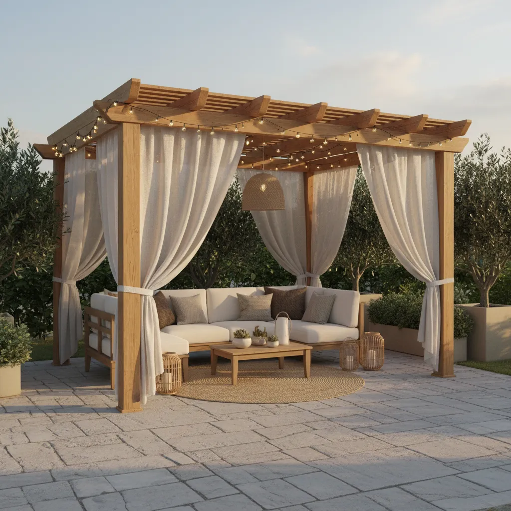Outdoor patio curtains used as flexible divider around pergola seating area