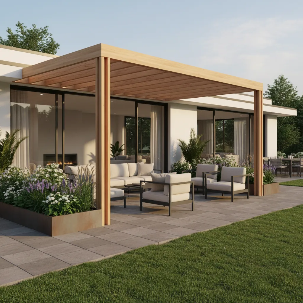 Outdoor patio connecting house and landscaped yard showing overlap between landscaping and home improvement