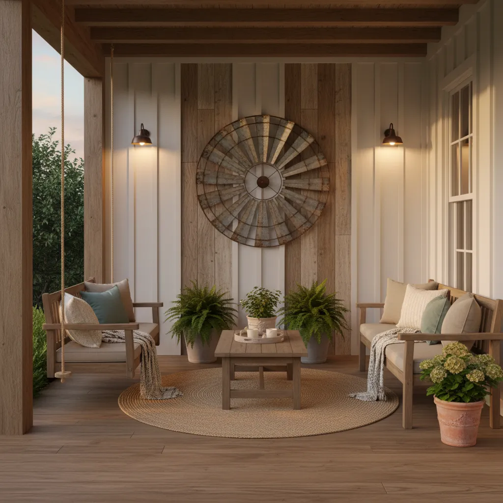 Large metal windmill wall decor mounted on farmhouse porch wall