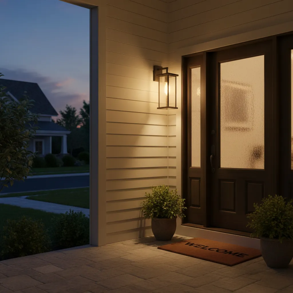 Outdoor wall light with dusk to dawn photocell sensor on house exterior
