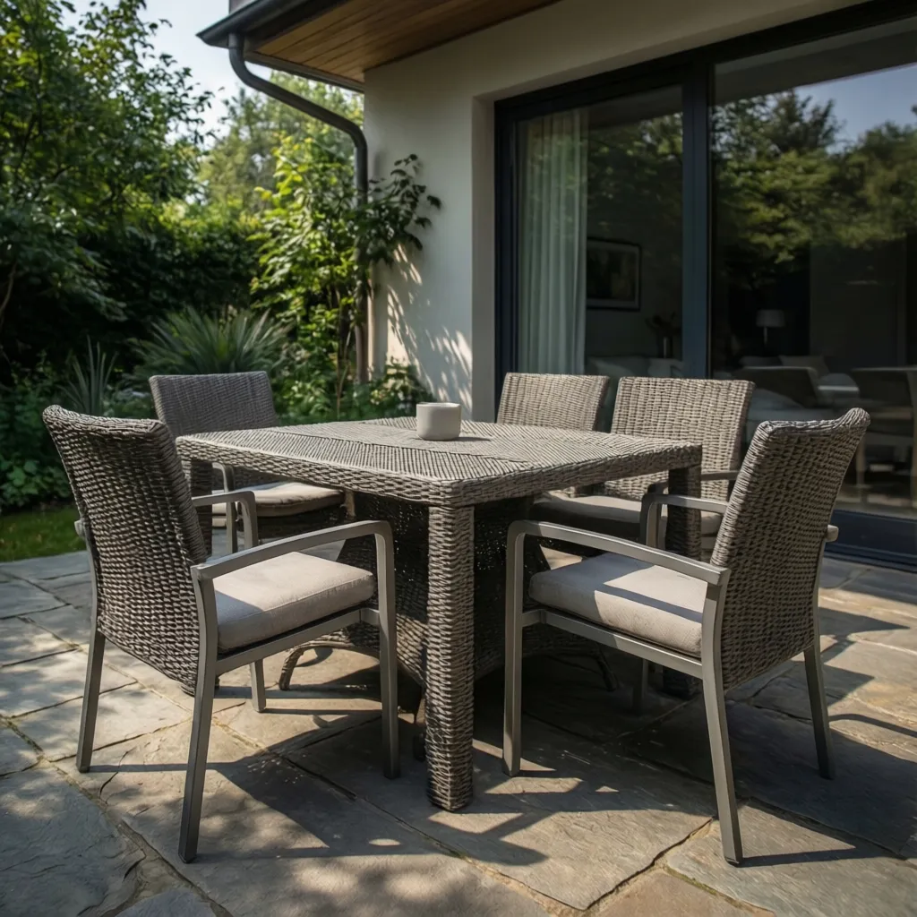 Resin wicker dining chairs on an outdoor patio designed for weather resistance