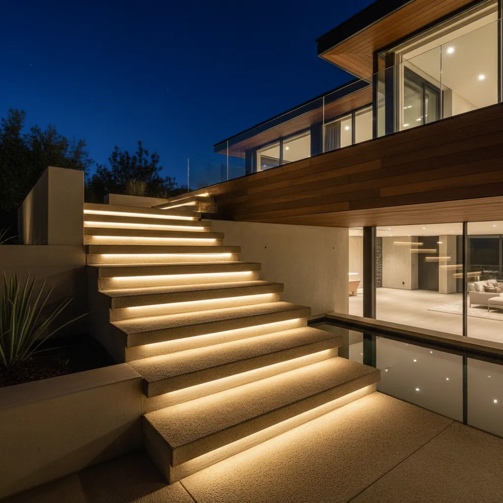 Escalera exterior con iluminación LED integrada en los escalones