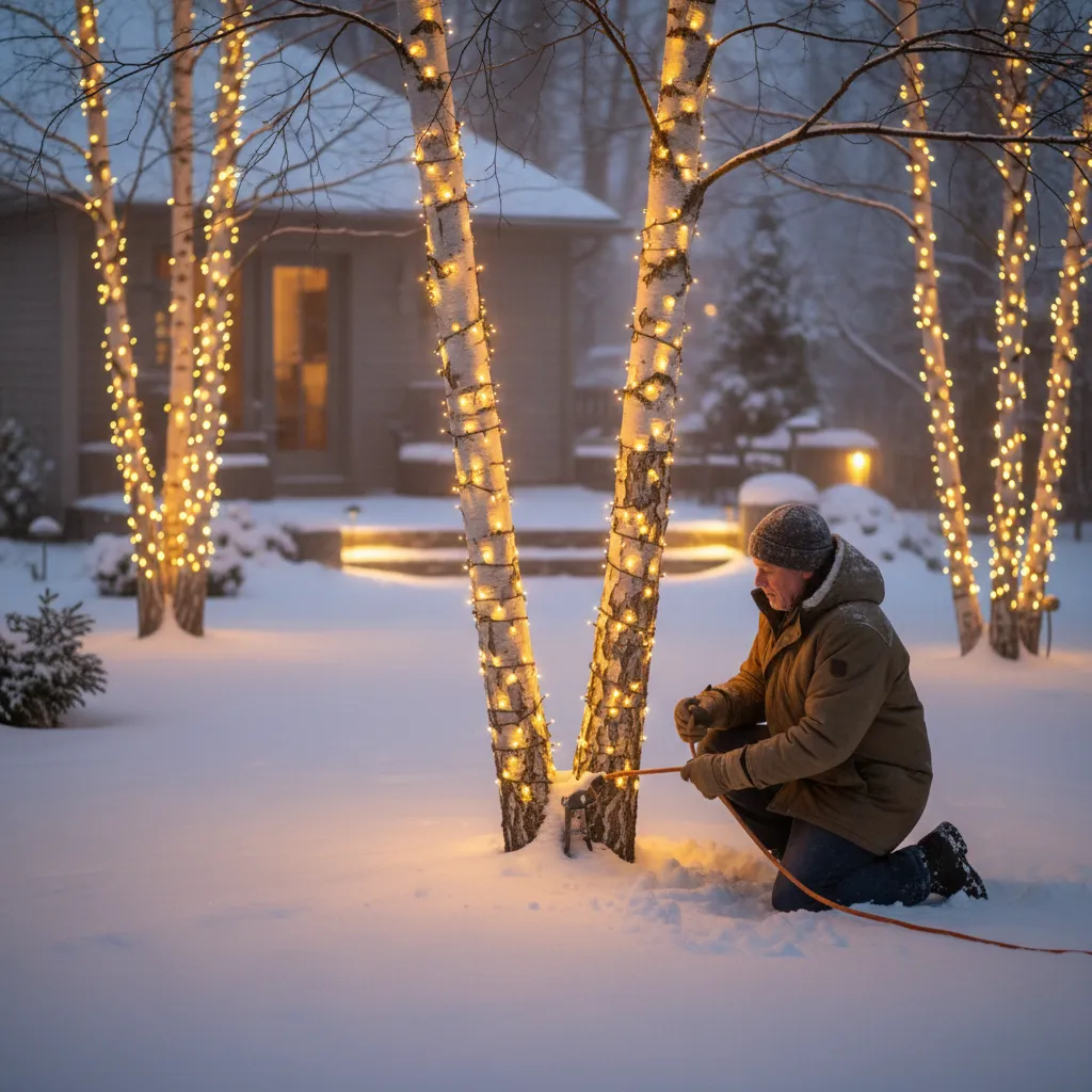 Homeowner inspecting outdoor birch tree lights during winter