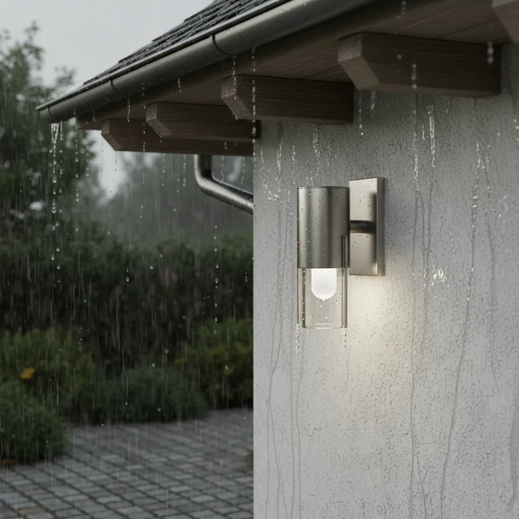 Outdoor wall light fixture installed under porch roof with rain visible