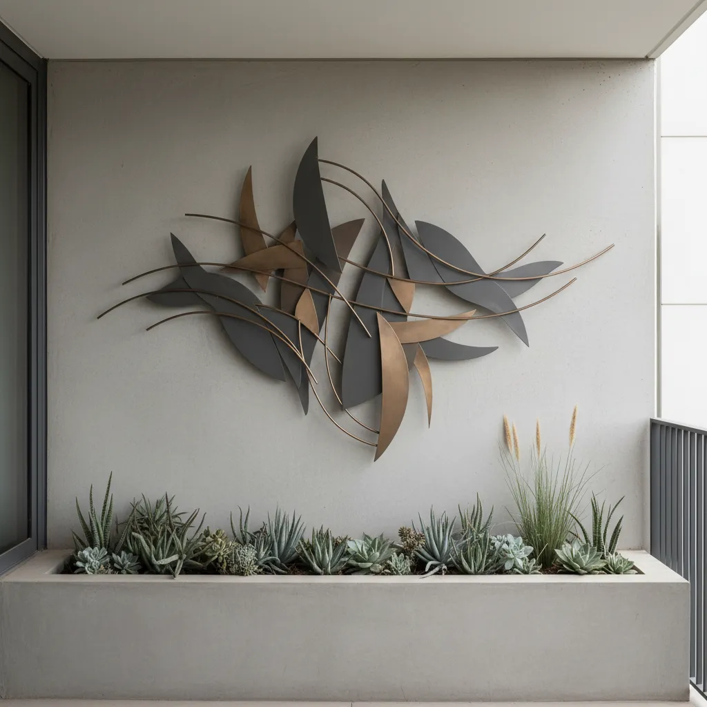 balcony wall featuring weather resistant metal wall art