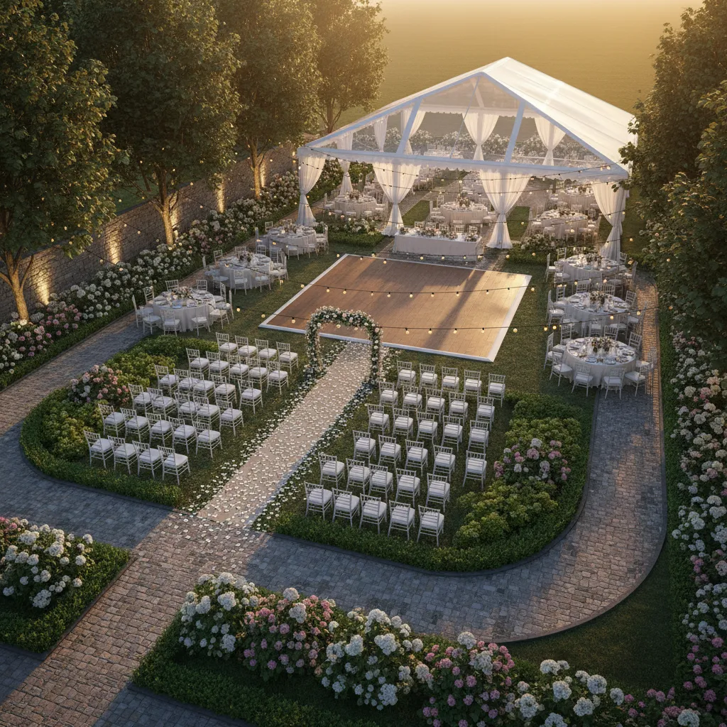 outdoor garden wedding layout with ceremony chairs reception tables dance floor and tent zones
