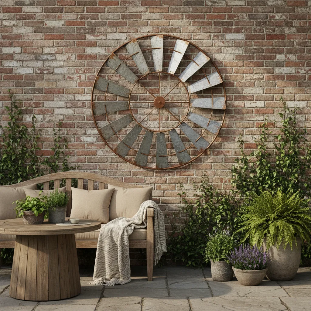 Metal windmill wall decor on brick wall above wooden sofa with green plants on patio