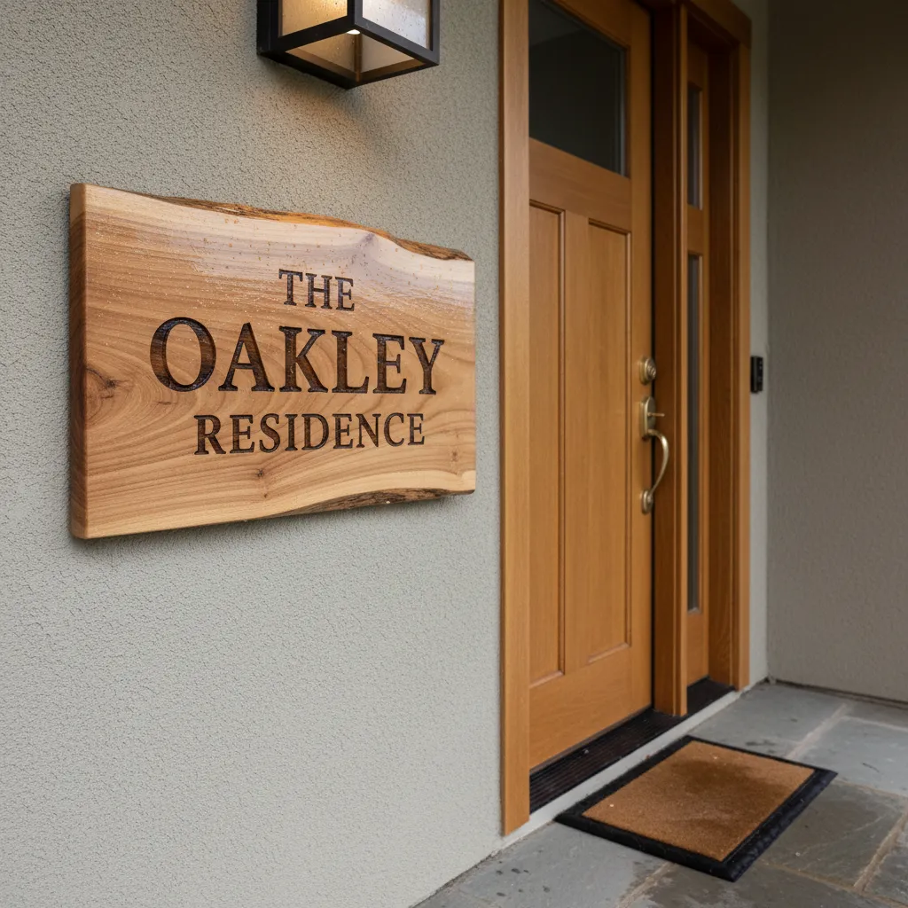 Wooden name sign on grey wall next to a wooden front door and floor mat