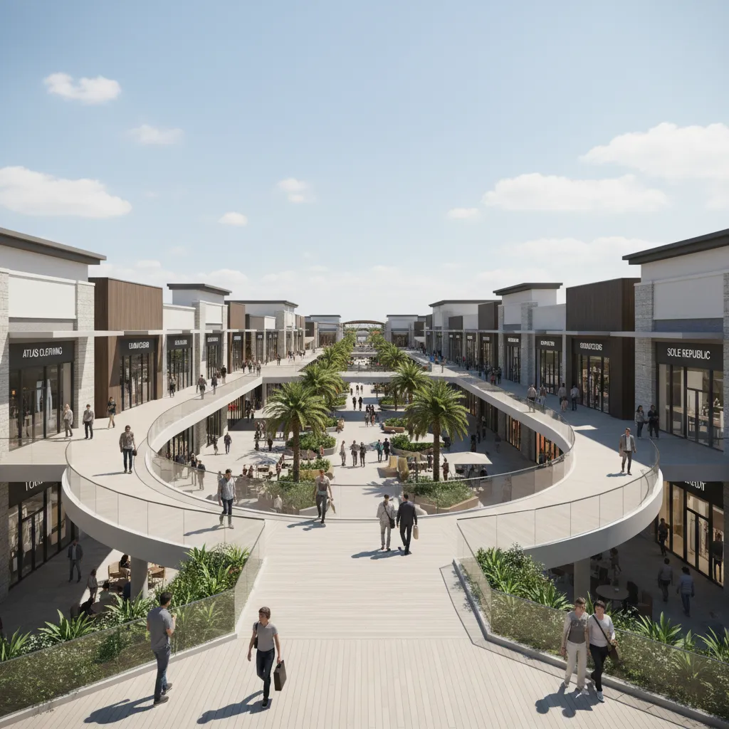 Outdoor outlet mall with loop walkway and multiple storefronts