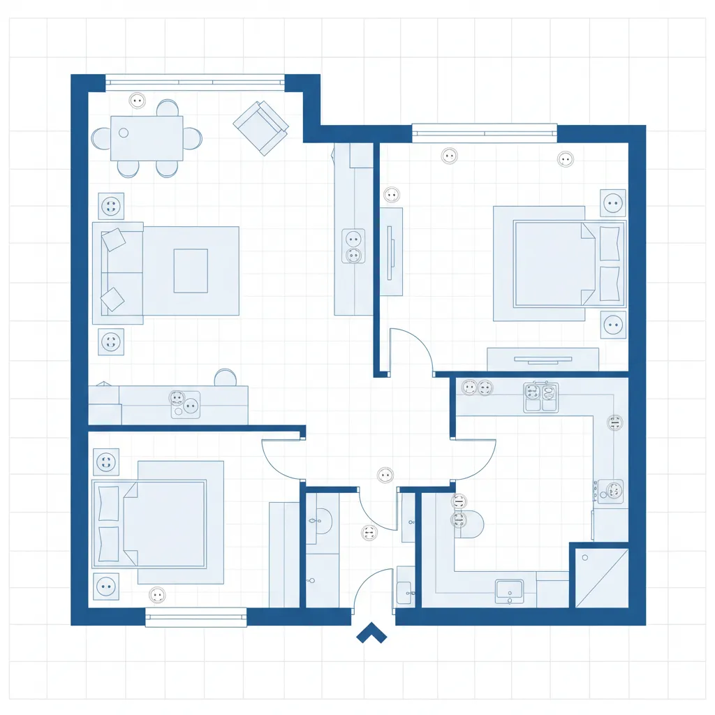 Diagram showing optimized outlet placement across a residential floor plan