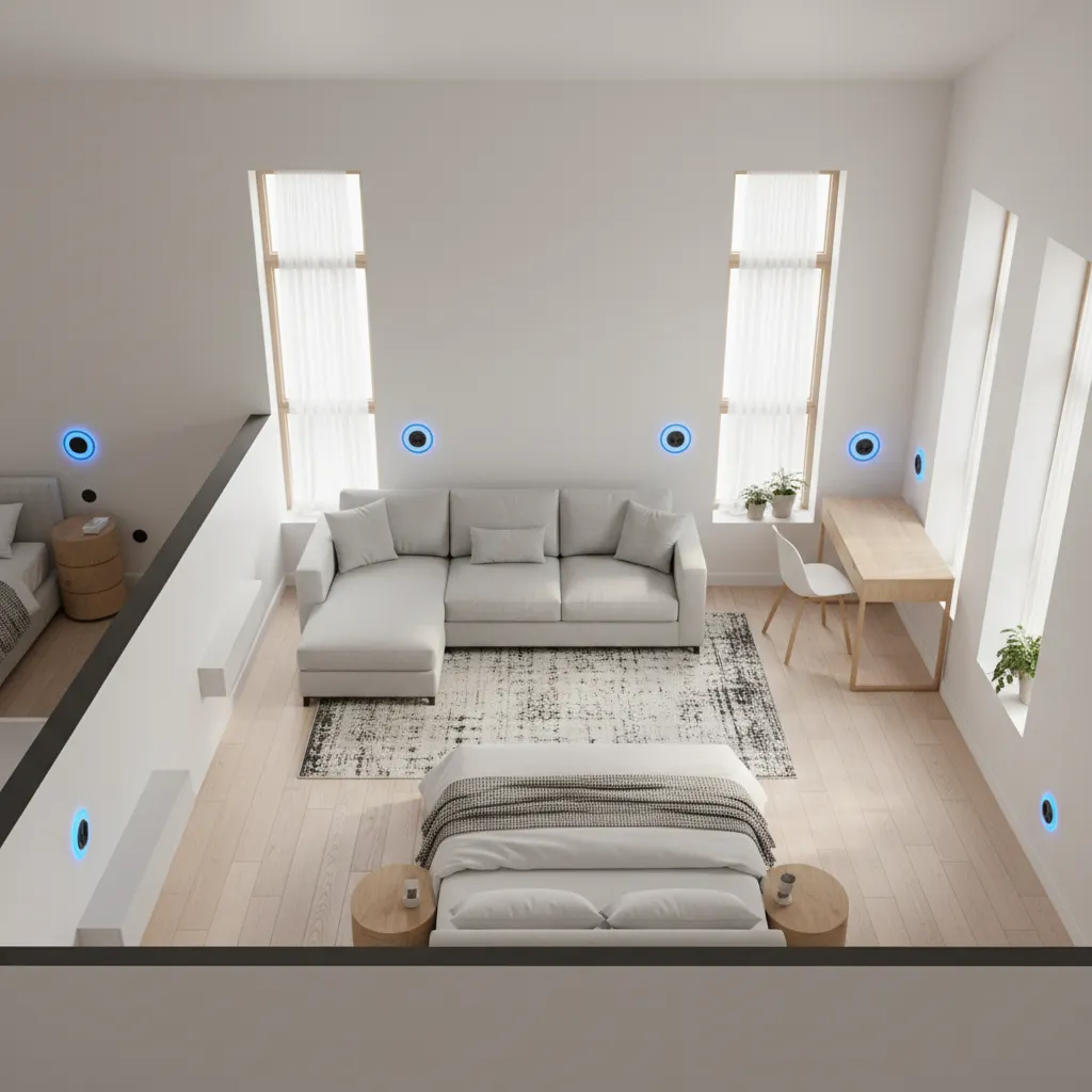 Interior layout showing optimized outlet placement near desks, beds, and media areas