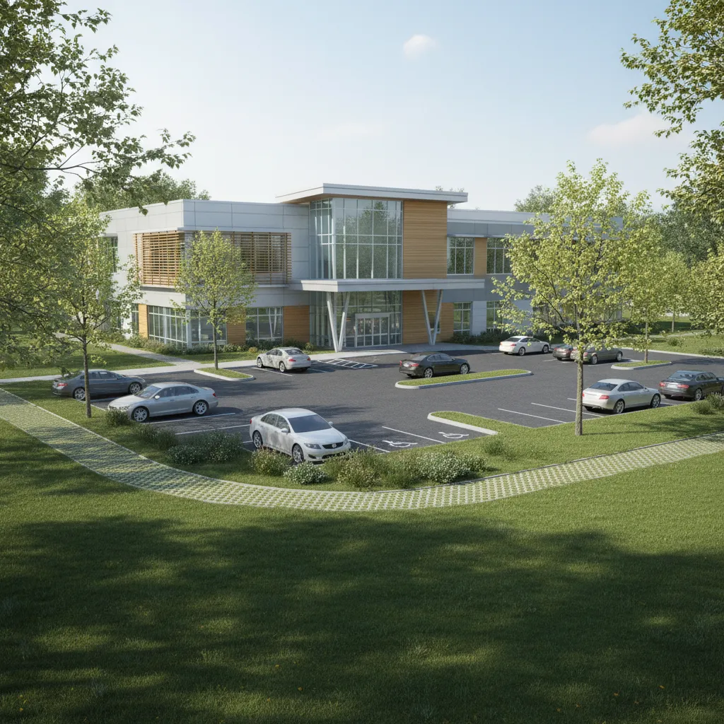 Modern outpatient healthcare center with patient entrance and parking in suburban New Jersey