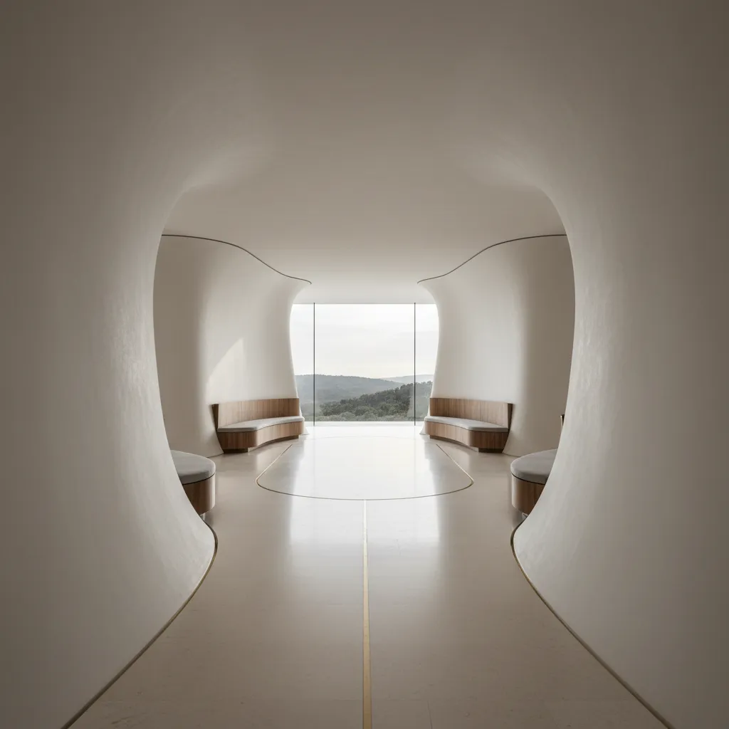 Modern hallway with gentle curves leading to an oval foyer and a bright focal window.