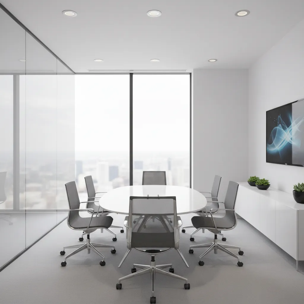 Small conference room with oval meeting table and ergonomic chairs