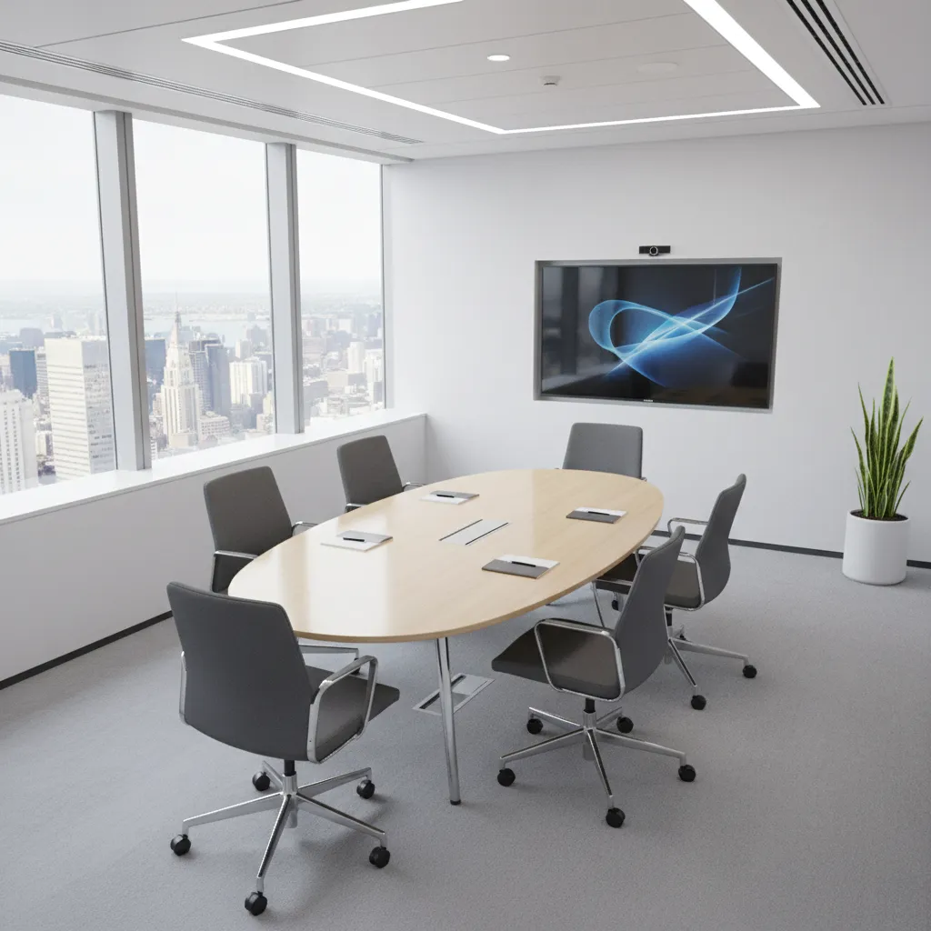 Small meeting room with oval conference table improving circulation space