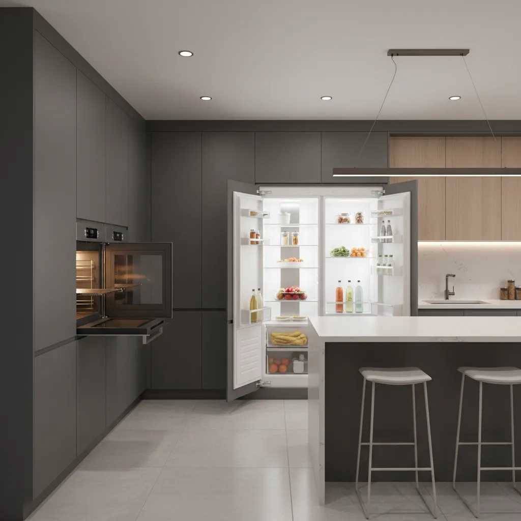 Kitchen showing oven door and refrigerator door clearance space