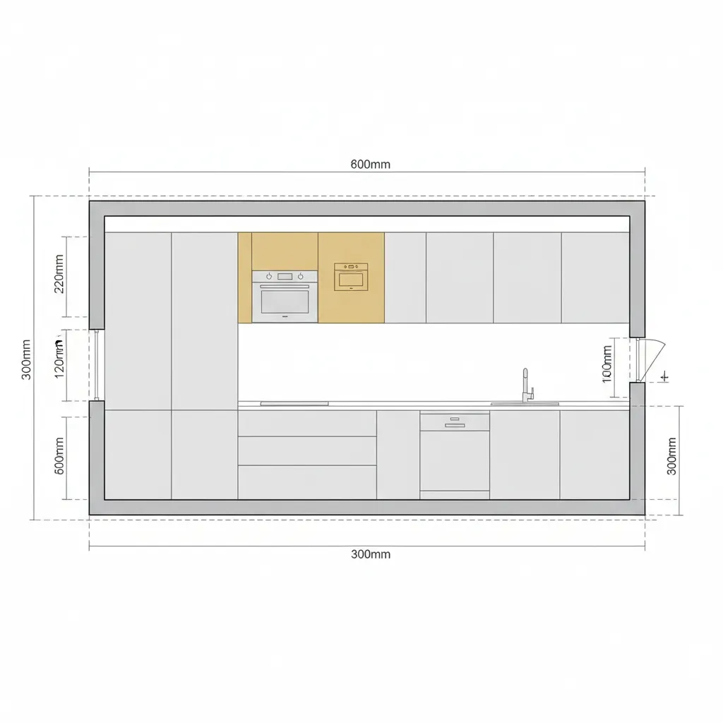 diagram showing oven placement and cabinet spacing in kitchen layout