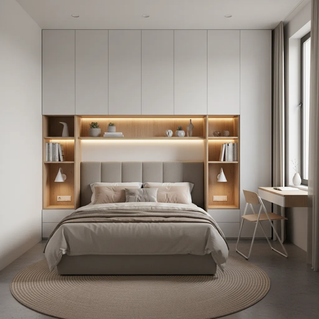 Compact bedroom with overhead cabinets above the bed