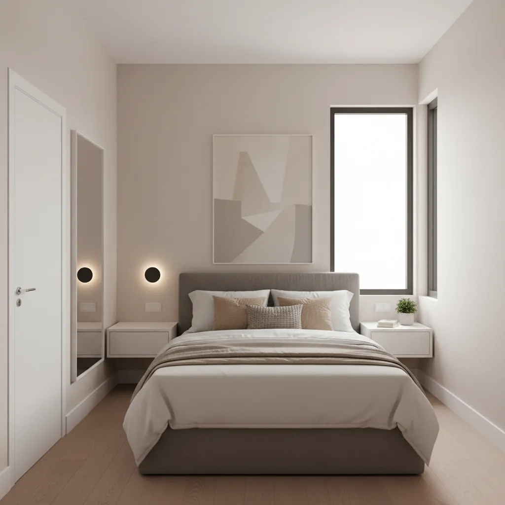 Full length over the door mirror in a small bedroom interior