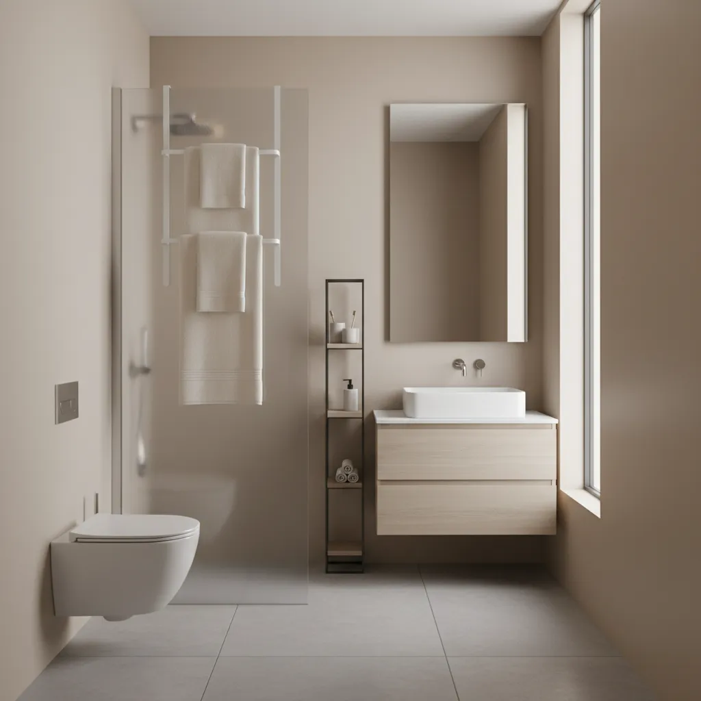 Bathroom door with vertical towel storage rack