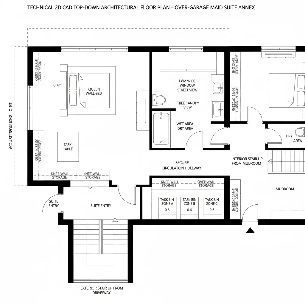 Top-down CAD plan of over-garage maid suite with dual stair access and acoustic separation