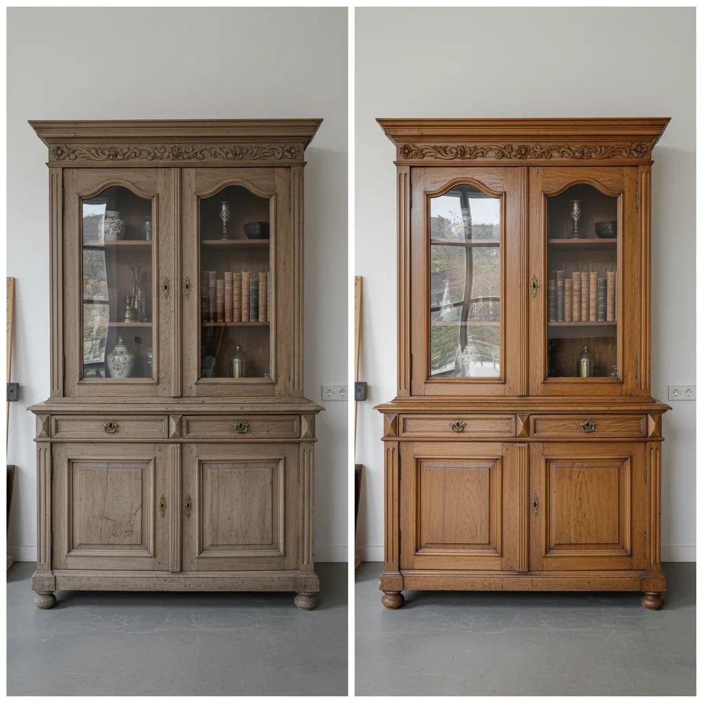 Over polished antique cabinet showing modern glossy finish